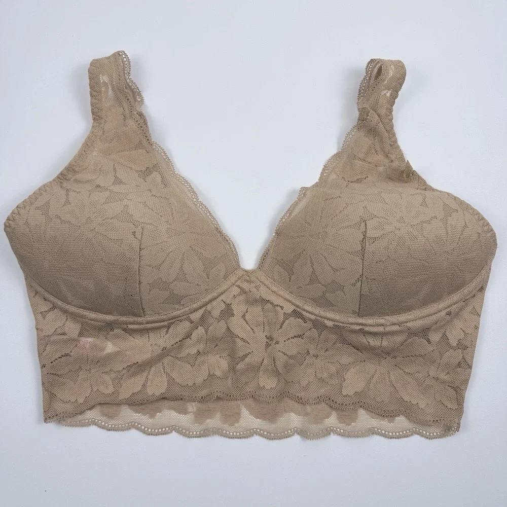 Victoria's Secret PINK  Floral Lace Lightly Lined Plunge Taupe Bralette L NWT